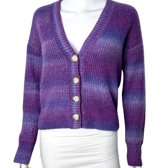 Loft Spacedye Ribbed V-Neck Long Sleeve Button Cardigan in Purple Multi Size S - Picture 3 of 16
